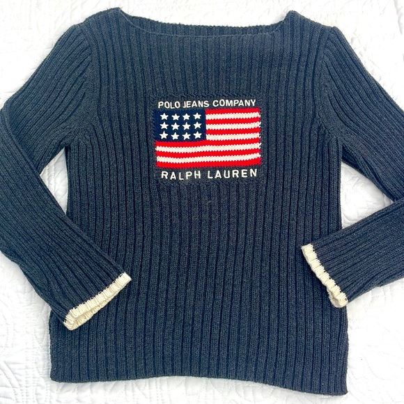Ralph Lauren Sweaters - Ralph Lauren Navy Ribbed Sweater with American Flag Patch